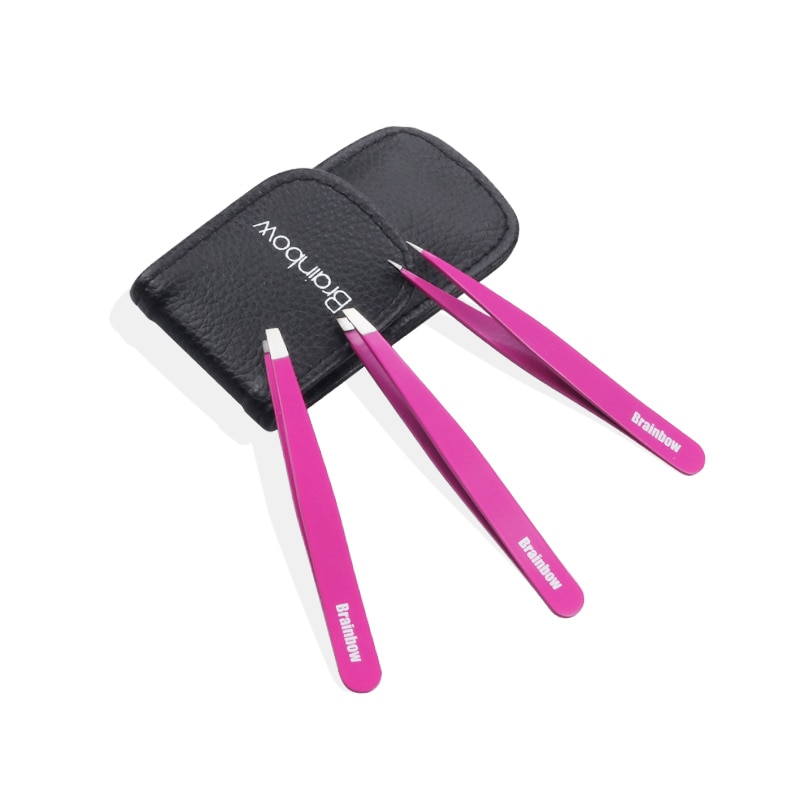 Brainbow-Juego de pinzas para cejas de 3 piezas, acero inoxidable, Punta inclinada/punta plana/ojos, herramientas de maquillaje para depilación facial