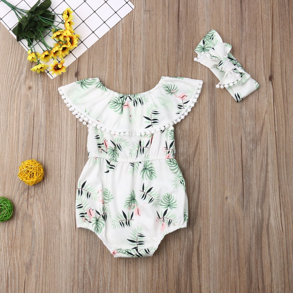 Lovely Newborn Baby Girl Boys Flamingo Bodysuits Headband Clothes Ruffle Sleeve Tassel Jumpsuit Summer Outfit