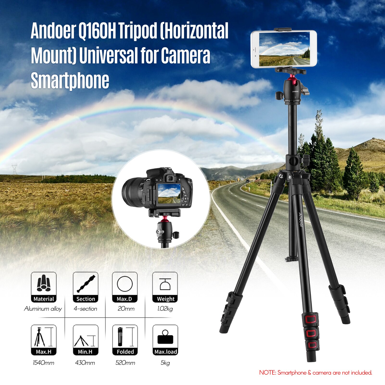 Andoer Q160H Draagbare Camera Statief Horizontale Mount Professionele Reizen Statief Met 360 ° Panoramisch Balhoofd Universal Voor Dslr