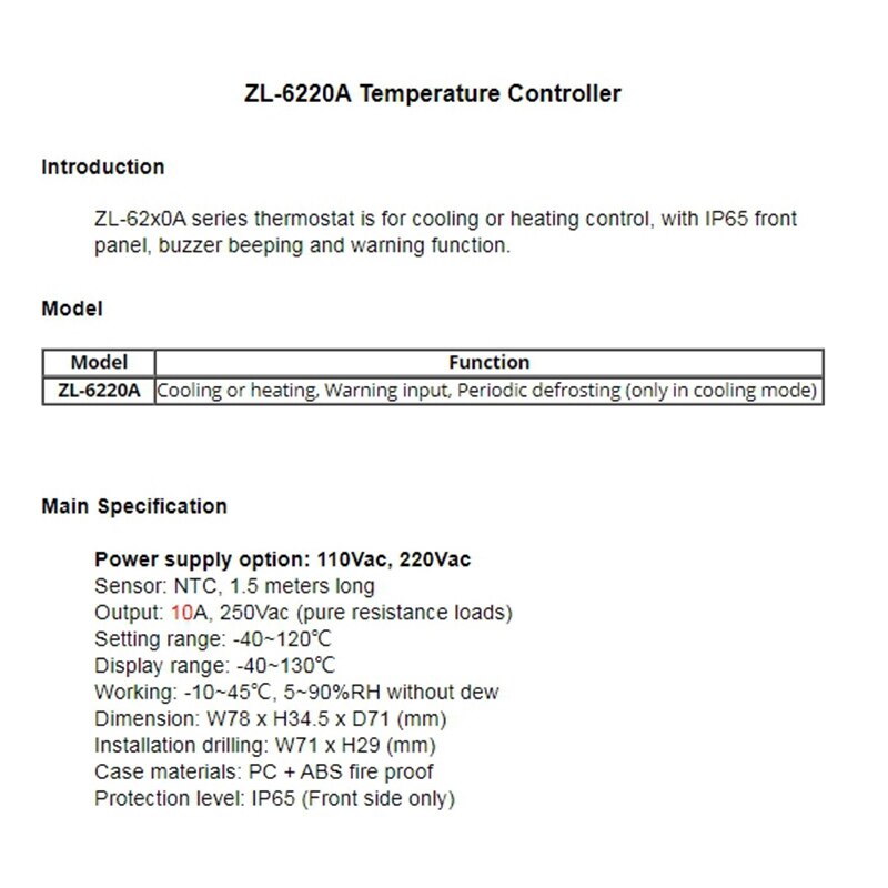 LILYTECH ZL-6220A Digital Temperature Controller Thermostat Economical Cold Storage Controller