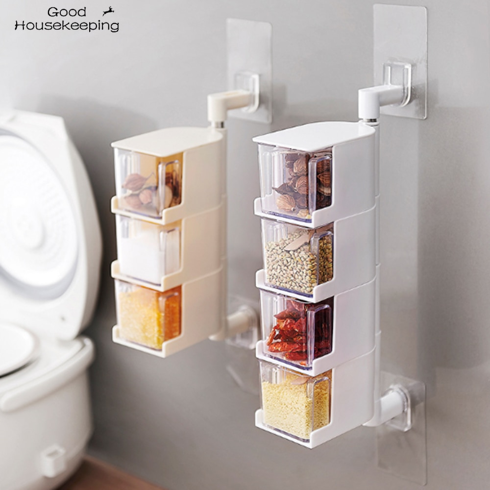 Multi-Tier 360 Degree Rotating Wall Mount Spice Rack Seasoning Storage Box Jars Organizer Condiment Containers Kitchen Tools