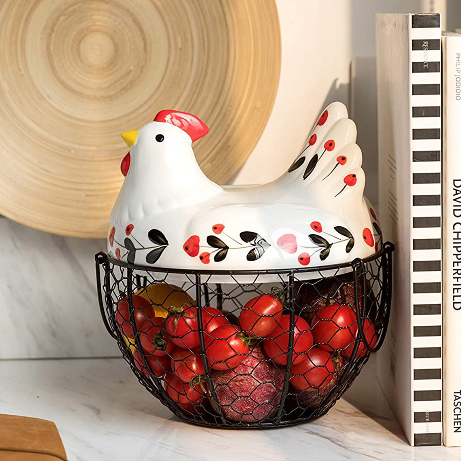 Ceramic Egg Holder Chicken Wire Egg Basket Fruit Basket Collection Ceramic Hen Oraments Decoration Kitchen Storage 19CMX22CM