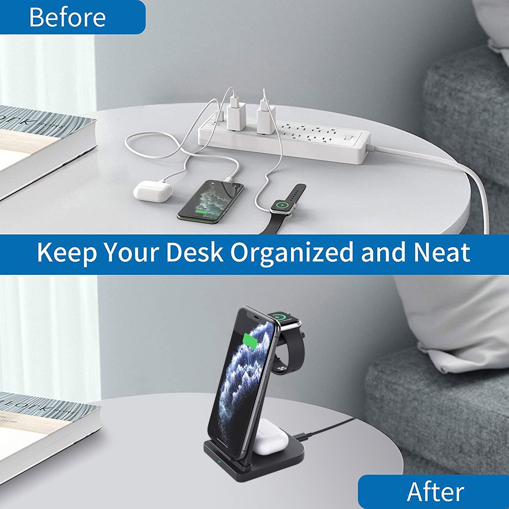 FDGAO Qi 15W Fast Charge 3 In 1 Wireless Charger Station Dock Stand For iPhone 11 XS XR X 8 Apple Watch SE 6 5 4 3 Airpods Pro