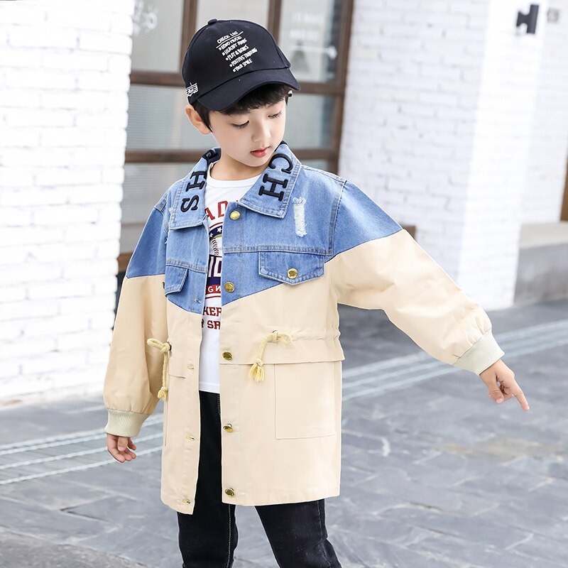 Boys Denim Trench 3-13 years old Korean Spring and Autumn Children's Clothing Letter Turn-down Collar Kids Clothes