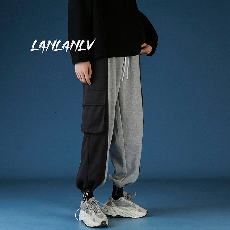 2020 Tendência Da Moda Dos Homens do Estilo coreano Costura Calça Casual Masculino Streetwear Calças Corredores Moletom Solta Cor Preta M-2XL