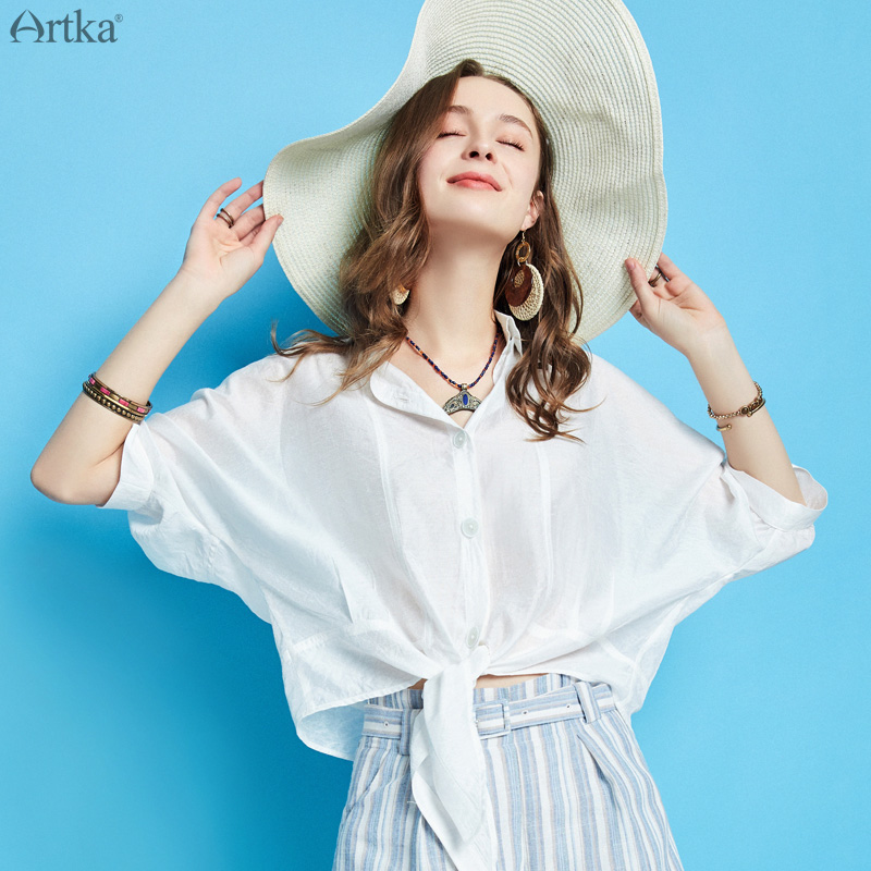 Artka sommer kvinder hvid skjorte afslappet speciel løs kort skjorte turn-down krave nylon bluse  sa10096c