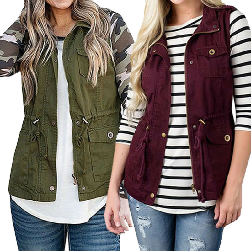Womens Olive Cargo Utility Safari Vest with Pockets Drawstring Army Top Jacket Coat Autumn Clothes