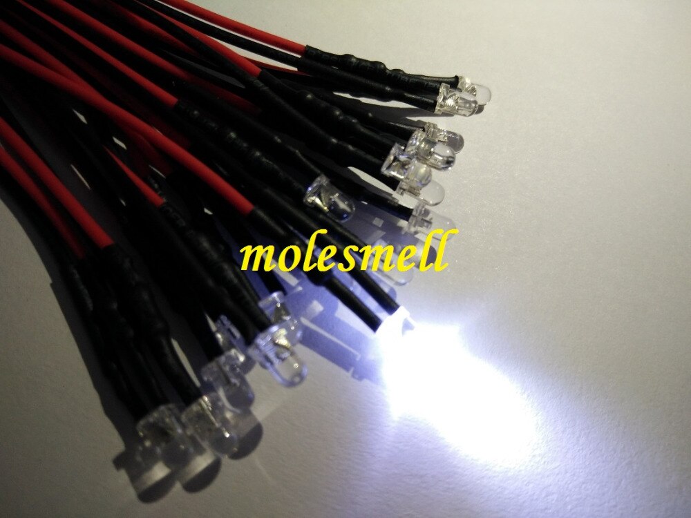 100pcs 3mm 5v water clear White round LED Lamp Light Set Pre-Wired 3mm 5V DC Wired
