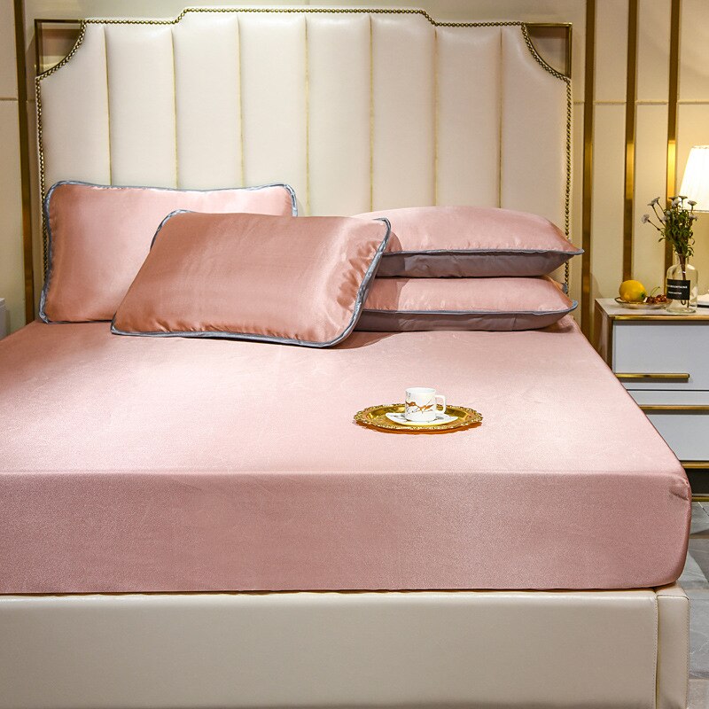 3Pcs Exquisite edge pure color Summer ice silk Mattress mat kit Bedding Light Mat kit Air-conditioned rooms Simmons mattress: Pink / 90x200x1 pillowcase