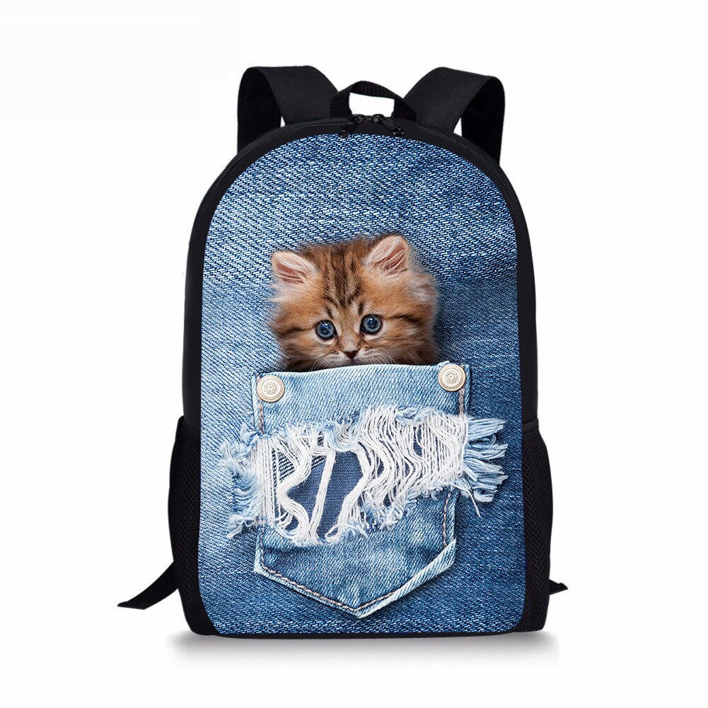 FORUDESIGNS Demin gato mochila para niñas adolescentes niños perros impresión lindo niños mochila mochilas para casuales de las mujeres de mochila: CC2294C