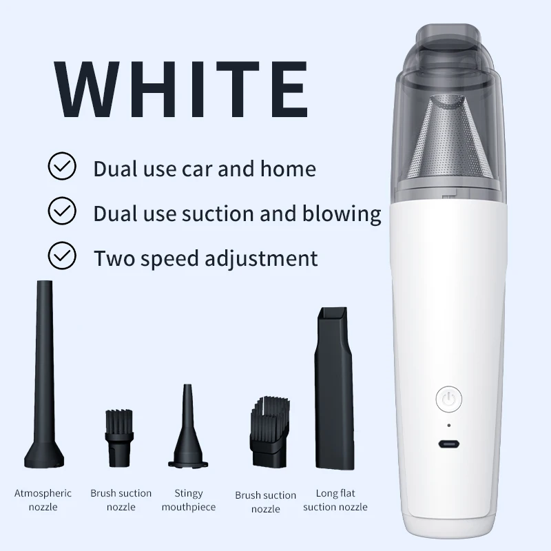 Bilstøvsuger oppladbar håndholdt støvsuger bil hjem dobbeltfunksjon trådløs støvoppsamler: Hvit