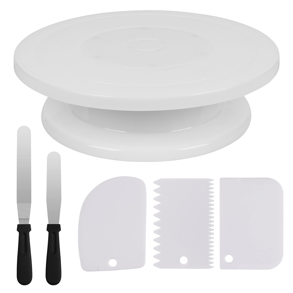 6pcs Cake Turntable with 2 Frosting Straight Angled Spatula 3 Icing Smoother Scraper Cake Decorating Kit Baking Accessories Tool: Light Grey