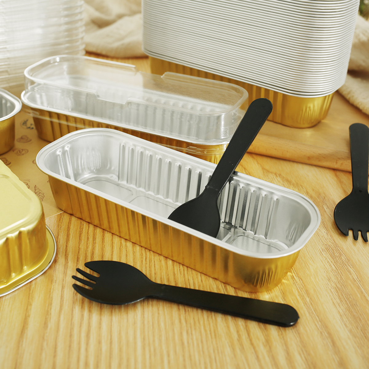 50 Uds Mini moldes para pasteles con tapas y cucharas, moldes para hornear de papel de aluminio, Mini contenedores para pan, latas para muffins, moldes para pan, herramientas de cocina