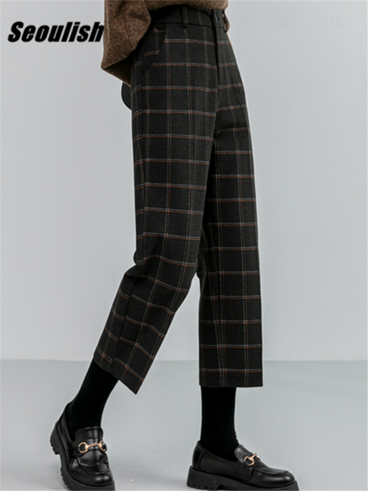 Seoulish Herfst Winter Wollen Plaid Vrouwen Formele Rechte Broek Hoge Taille Enkellange Chic Losse Dames Broek pocket
