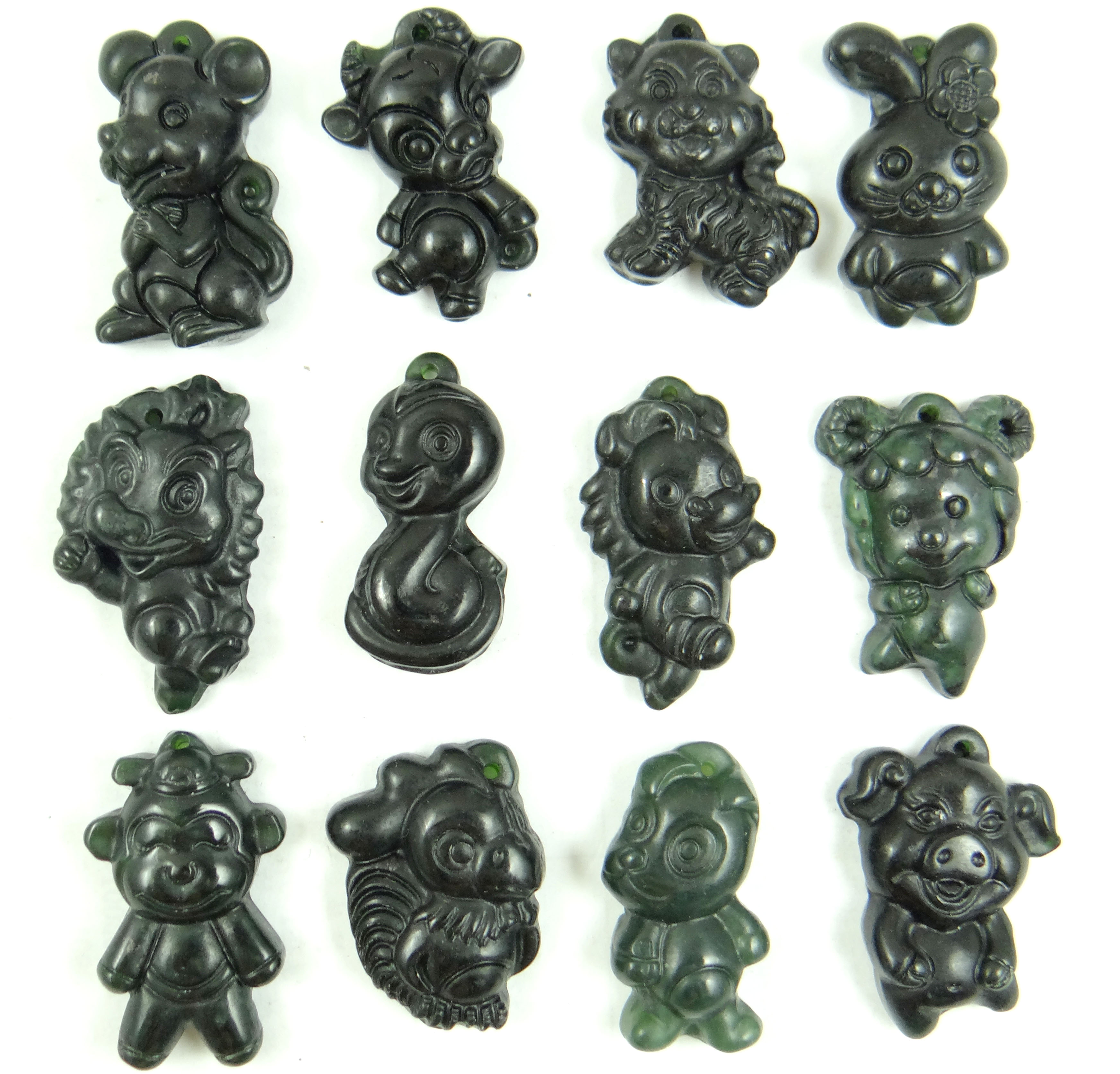 Unique Natural stone black green jades hand-carved Three-dimensional 12 Zodiac signs pendant Gems jewelry Making necklace 1pcs