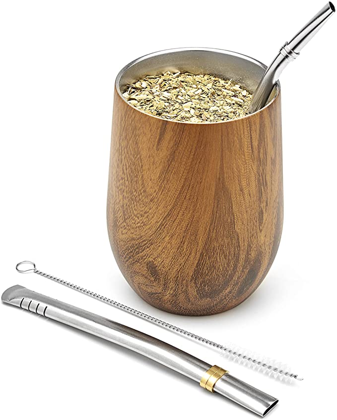 Moderni mate kuppi ja bombilla setti (yerba mate kuppi) -yerba mate setti kaksiseinämäiset 18/8 ruostumatonta terästä: Puu