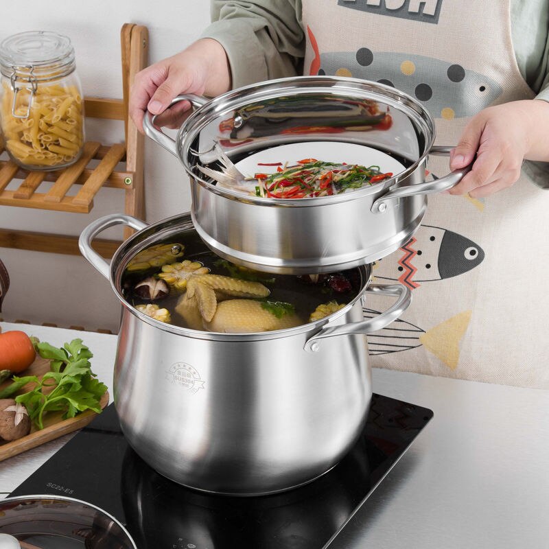 Soup Pot Thick 304 Stainless Steel Pot Large Capacity Double Bottom Noodle Pot Porridge Pot Cooker Universal High Soup Pot