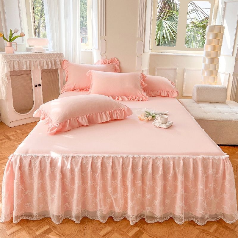 Kanten bedrok en kussensloop, bedomslag, bedsprei, laken, antislip, beschermend, beige, prinses, 3 stuks: 180x220cm / Rood