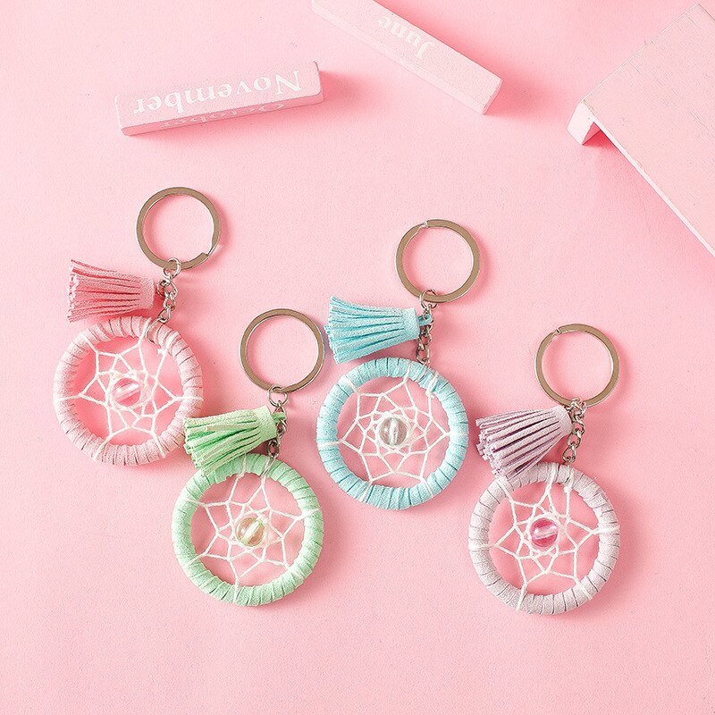 Porte-clés attrape-rêve avec pompon , petit porte-clés en métal frais pour fille coréenne, porte-clés de sac pendentif pour fille