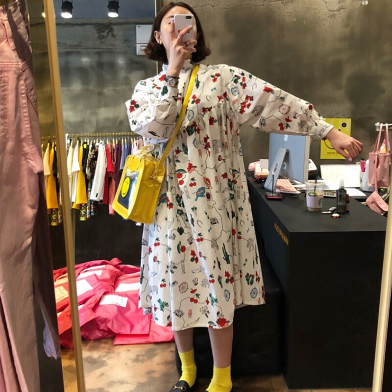 Superaen koreaanse a-lijn cartoon graffiti print staande kraag losse midi-kuit lantaarnmouw poppenjurk voor vrouwen