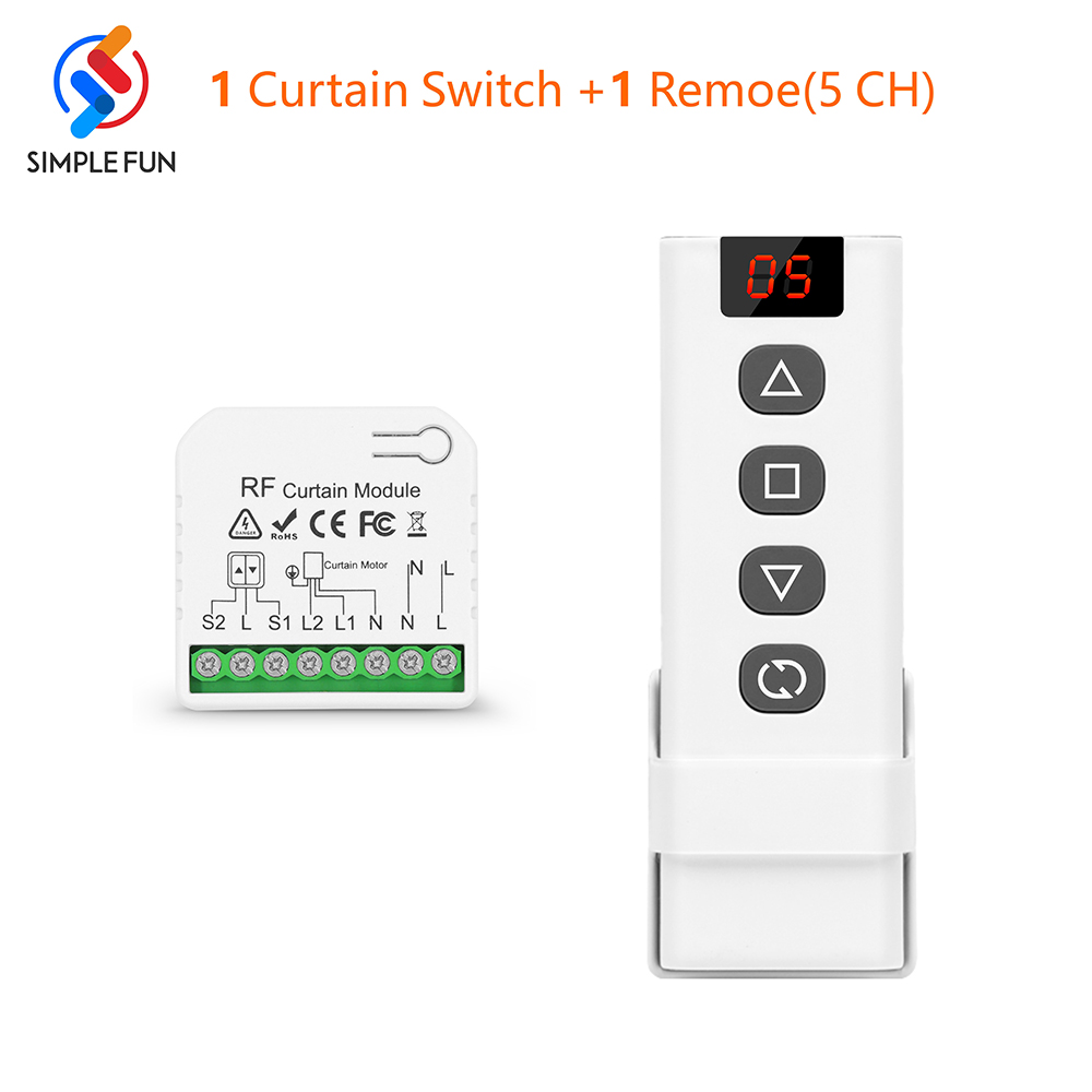 433Mhz Curtain Roller Shutter Wireless Switch and 5-in-1 Transmitter 110V 220V RF Module for Remote Control Blind/Awning/Motor: Beige