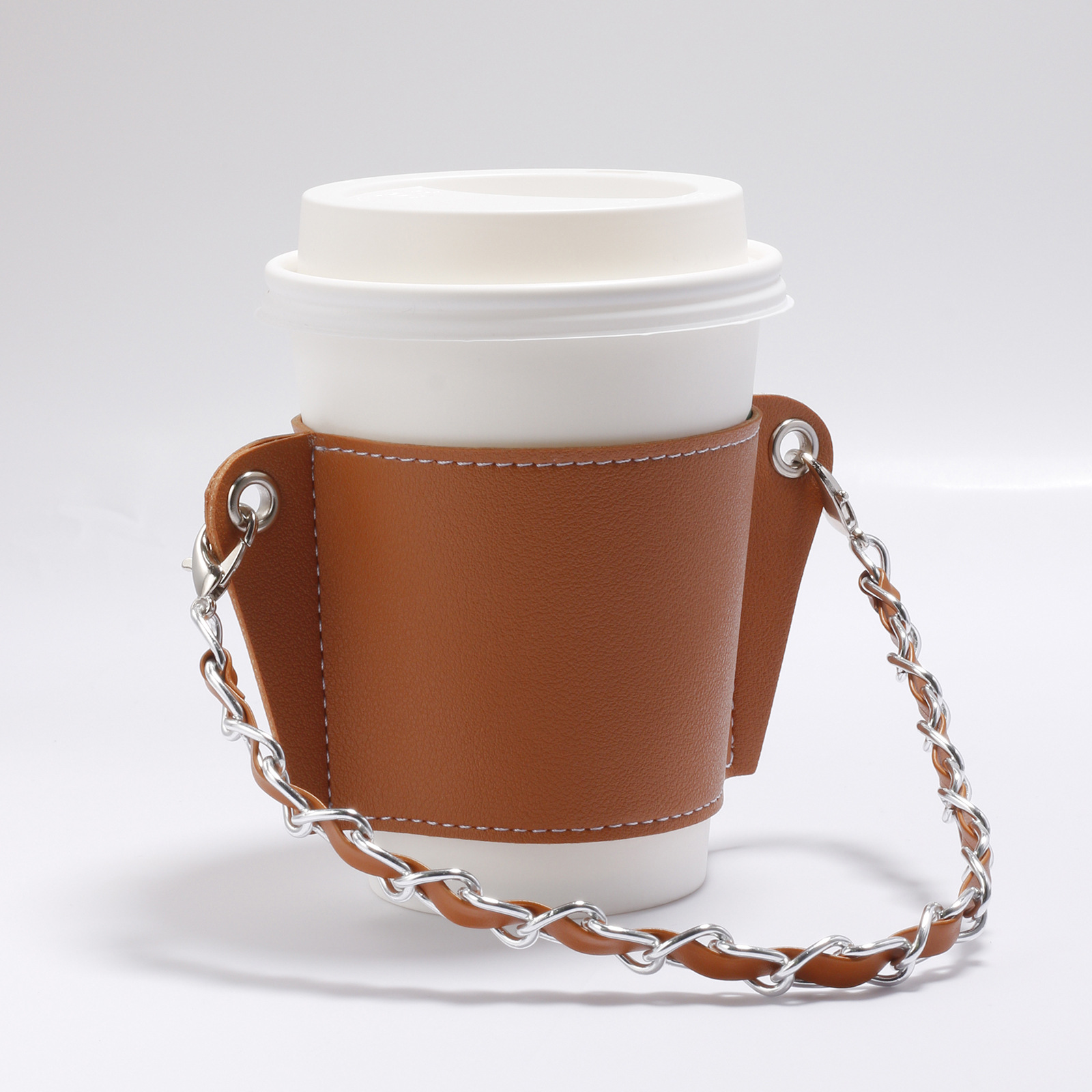 Manchon de tasse Portable pour boissons chaudes, réutilisable avec chaîne, manchon de boisson chaude isolé, en cuir, porte-gobelet: Brown