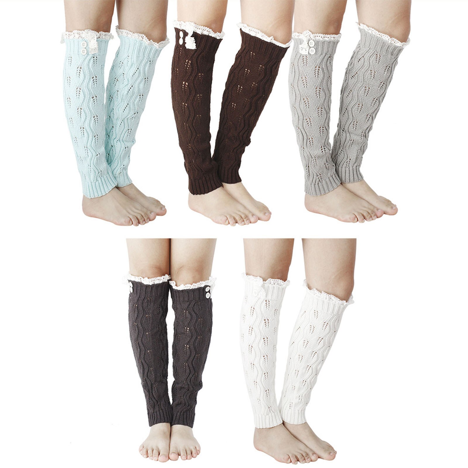 Female Knitted Stocking Lace Leaf Knitted Leg Warmer Leg Sleeve For Women Lake Blue/Coffee/Light Gray/Dark Gray/White