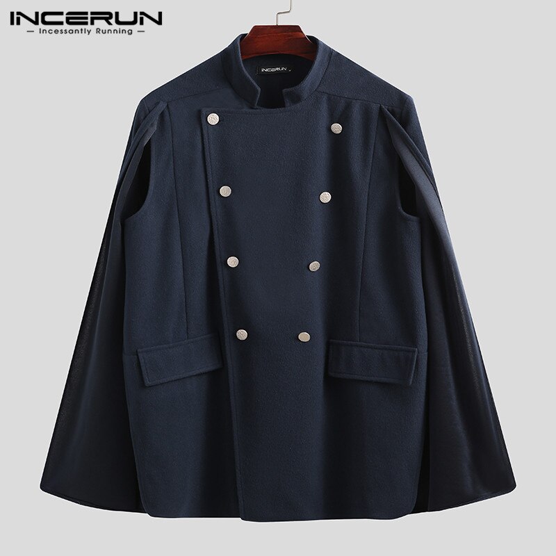 Men Cloak Coats Solid Color Double Breasted Trench Faux Fleece Blends Cape Stand Collar Mens Jackets Streetwear INCERUN