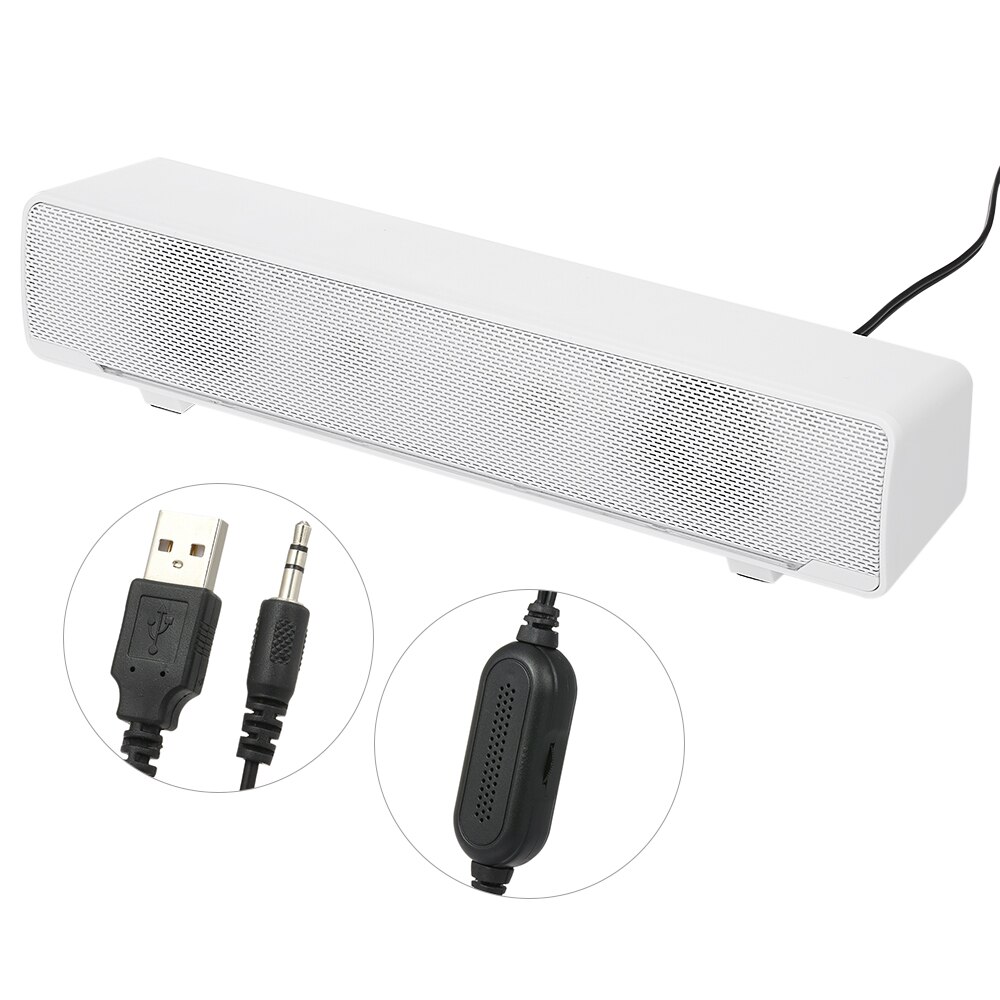 SADA V-196-altavoz con cable USB para ordenador, reproductor de música con Subwoofer estéreo de 3,5mm, caja de sonido envolvente de graves para PC, portátil y tableta,: White