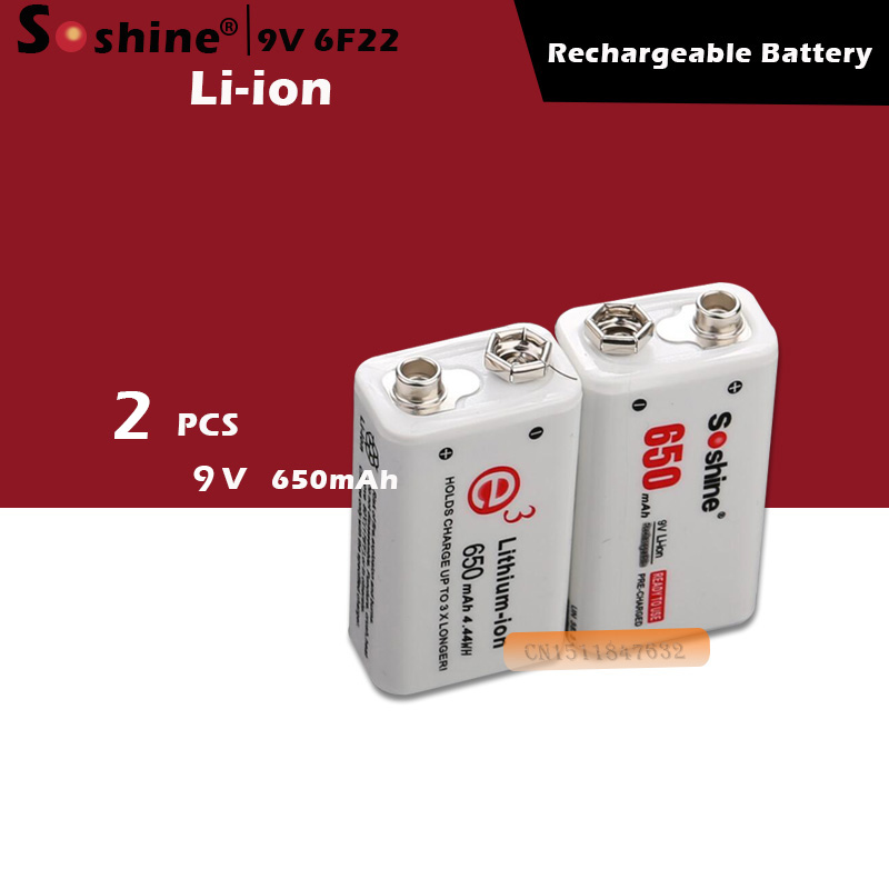 Soshine 2 Pc 650 Mah 9V 6F22 Li-Ion Lithium Oplaadbare Batterij Voor Elektronische Rook Gitaar