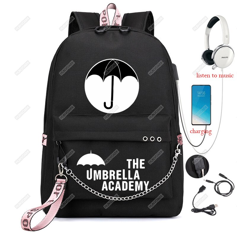 Mochila De La Academia paraguas Usb para hombre y mujer, Bolsa Escolar para ordenador portátil, mochila de viaje, Mochilas de ocio con cadena: Black-1