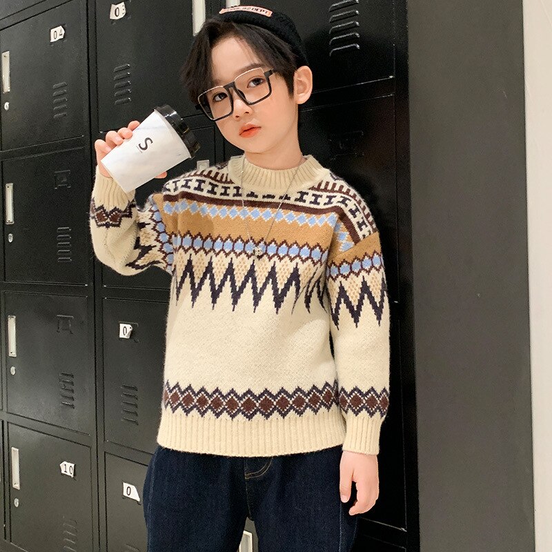 Suéter de algodón con cuello redondo para niños, ropa gruesa de punto para mantener el calor, invierno,