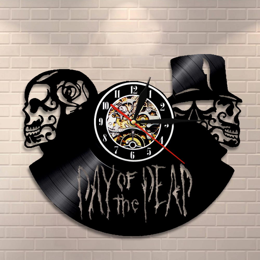 Dia De Muertos Day of the Dead Wall Clock Skulls Vinyl Record Wall Clock Halloween Death Skeletons 3D Hanging Watch Horror Decor