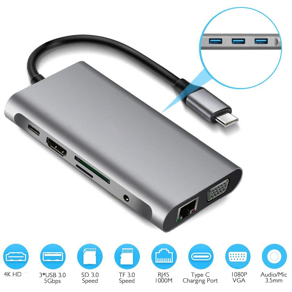 USB Typ C Hub Typ-C Zu HDMI 4K VGA Adapter RJ45 Lan Ethernet SD TF USB-C 3,0 Rollenmaschinenlinie Typc 3,5mm Jack Audio- Video für MacBook Profi OTG