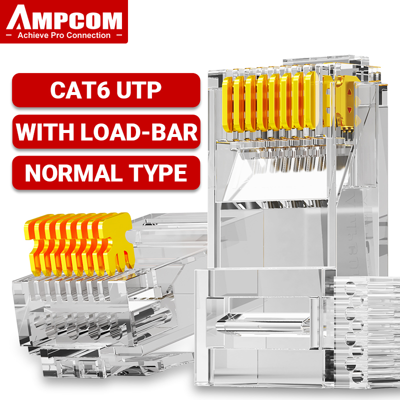 AMPCOM RJ45 Connector 50U Gold Plated CAT7 CAT6 CAT5E Pass through Modular Plug 8P8C Crimp End for Solid Wire Stanrded Ethernet