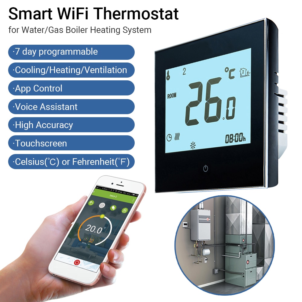 Home Programmable Thermostat with WiFi for Water/Gas Boiler Smart Touchscreen Heat Only Thermostat with App and Voice Control: Black with WiFi
