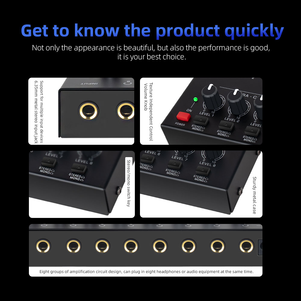 Amplificatore per cuffie stereo a 8 canali con adattatore di alimentazione Amplificatore Audio divisore per auricolari portatile a bassissimo rumore