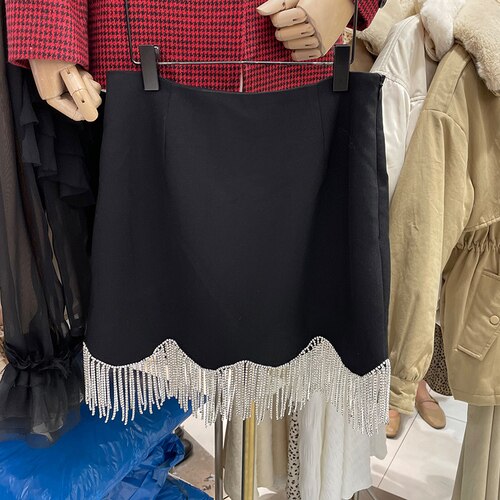 Lente/Herfst High-End Kralen Kwastje Elegante Vrouwen Outfit Lange Mouw Pak Tops + Sexy Jarretel jurk + Slim Mini Rok: Black skirt / S