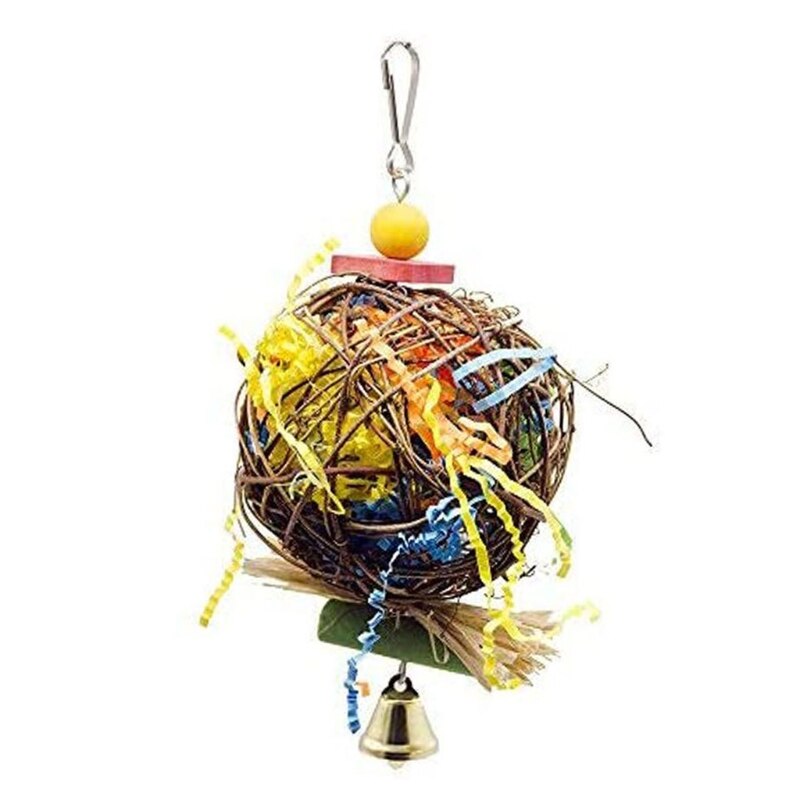 Parrot Shredder Paper Toys Hanging Rattan Ball Bird Bite Chewing Toy with Bells for Budgie Cockatiel Cage Accessories