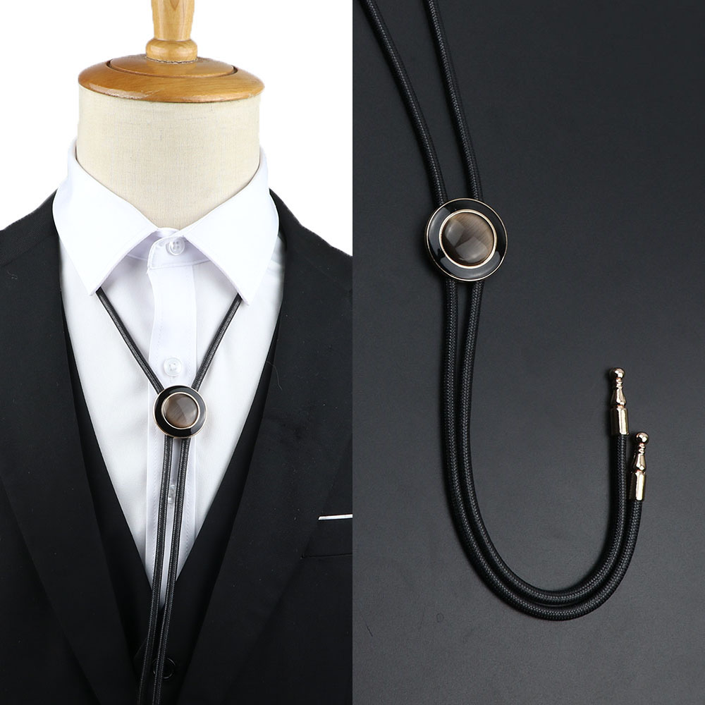Bolo Tie Necklace - Leather Rope Chain - Plaid Pattern - Cowboy Jazz Style - Unisex Adult Accessory: Ivory