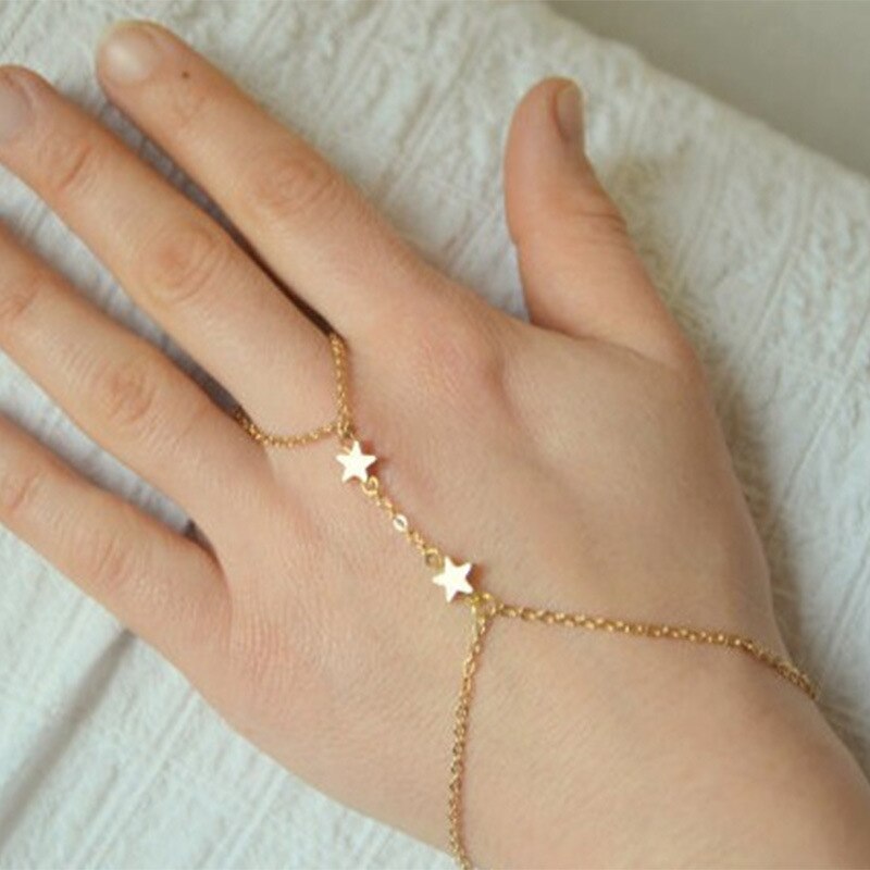 Gold Snake Wrist Chain Bracelet Butterfly Moon Star Pendant Connected Metal Finger Ring for Women Hand Jewelry: 8 GOLD