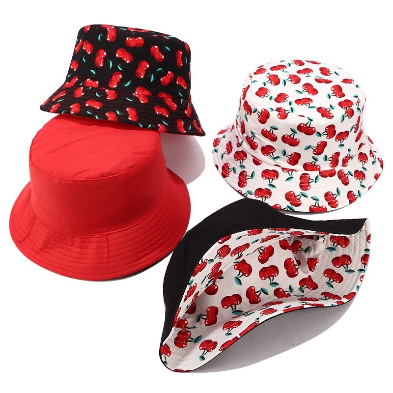 Frugt kirsebær spand hatte til piger kvinder to side vendbar fisker hat panama bob hat sommer sol hat