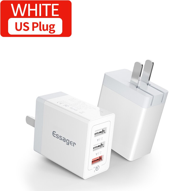 Essager 30W USB Charger QC3.0 QC 3.0 Fast Charging Multi Plug Mobile Phone Charger Wall Adapter For iPhone Samsung Xiaomi mi: US Plug White