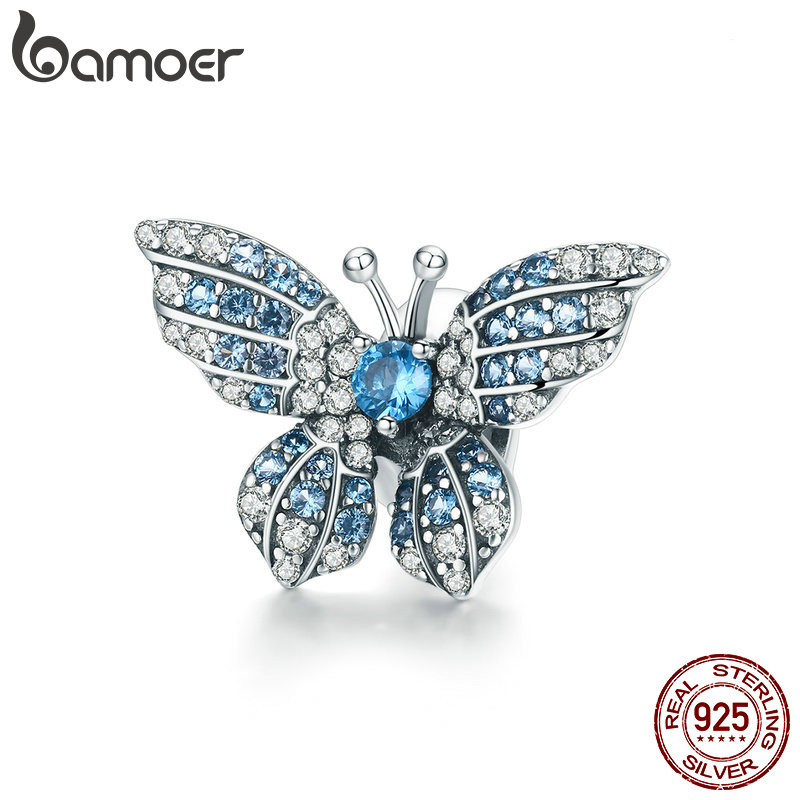 Bamoer 100% 925 Sterling Zilver Crystal Blue Zircon Vlinder Kralen Fit Charm Armbanden Vrouwen Kettingen Zilveren Sieraden BSC061