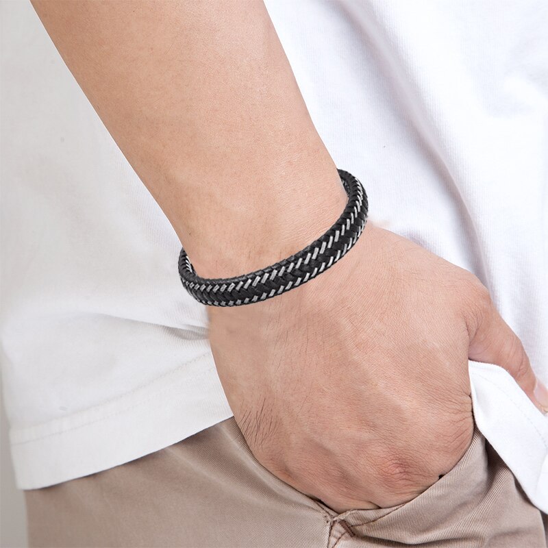 Men Jewelry Stainless Steel Braided Leather Rope Bracelet Punk Accessories Black Magnetic Clasp Bangles