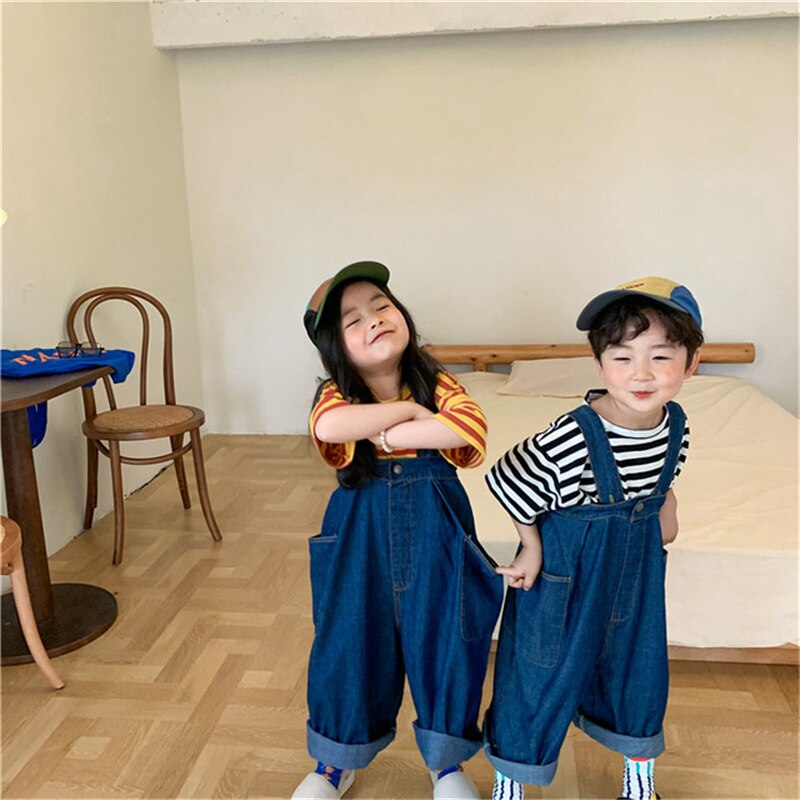 Zomer Effen Kleur Losse Denim Overalls Voor Jongens En Meisjes Koreaanse Stijl Casual Alle-Match Unisex Bib Broek