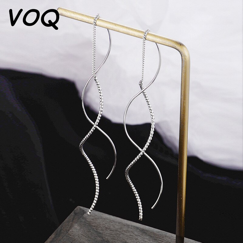 VOQ Silver Color Exquisite Wavy Simple Earrings Temperament Tassel Long Earrings Female Jewelry