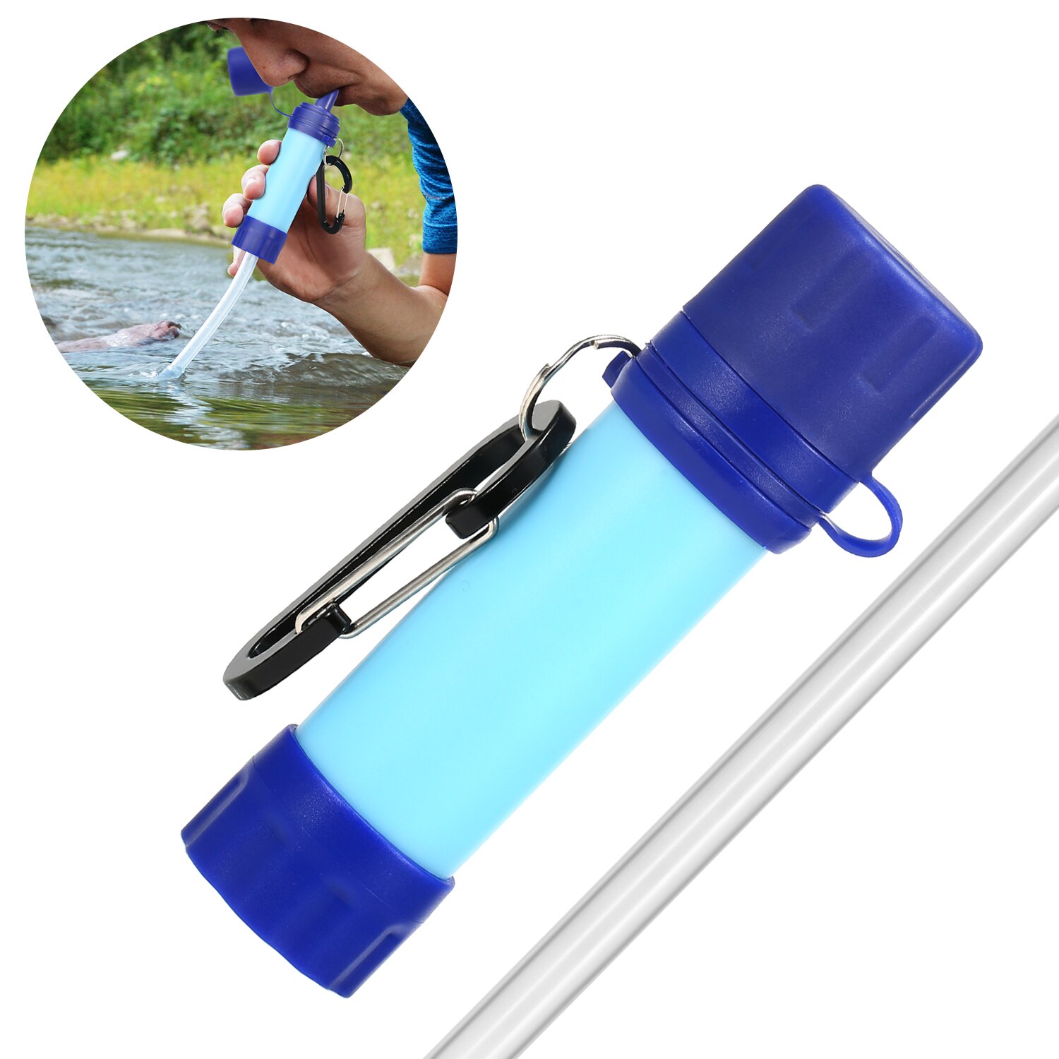 Udendørs vandfilter halmvandsfiltreringssystem vandrenser til nødberedskab camping rejser rygsæk: Blå