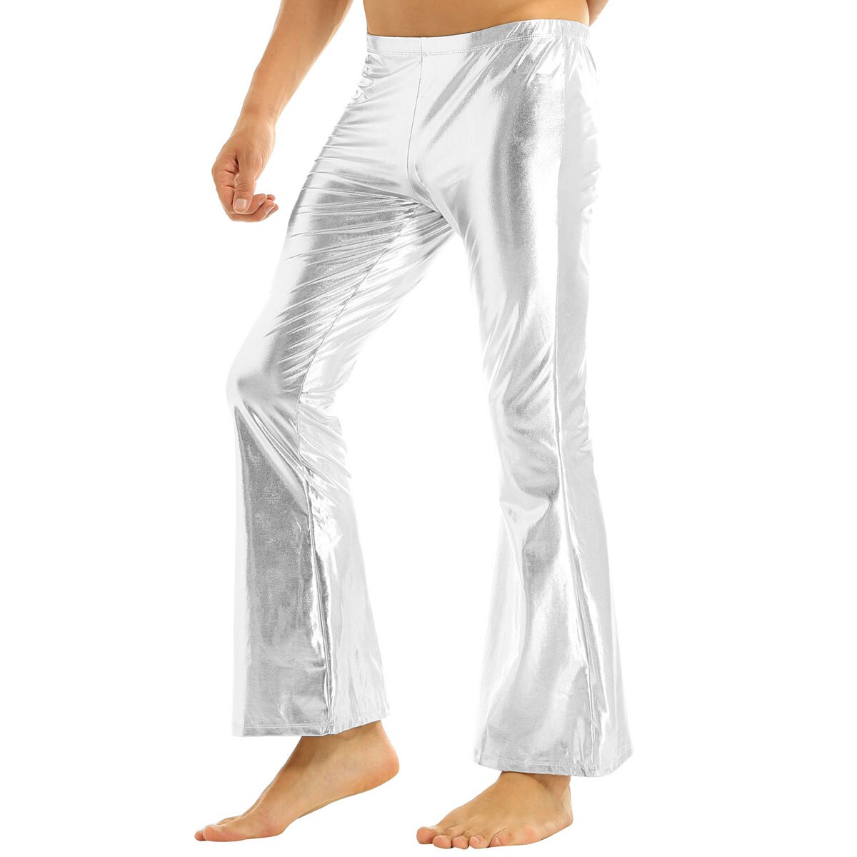 Iefiel voksen herre club wear skinnende metalliske disco bukser med klokkebund, flåede lange bukser dude kostume festbukser