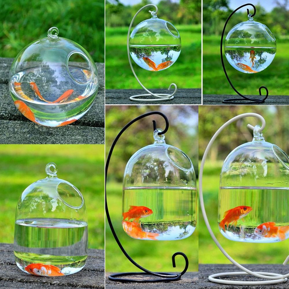 Rund/rektangulær form hengende glass akvarium fisk tank fiskeskål gjennomsiktig vase ornament med stativholder hjemdekorasjon